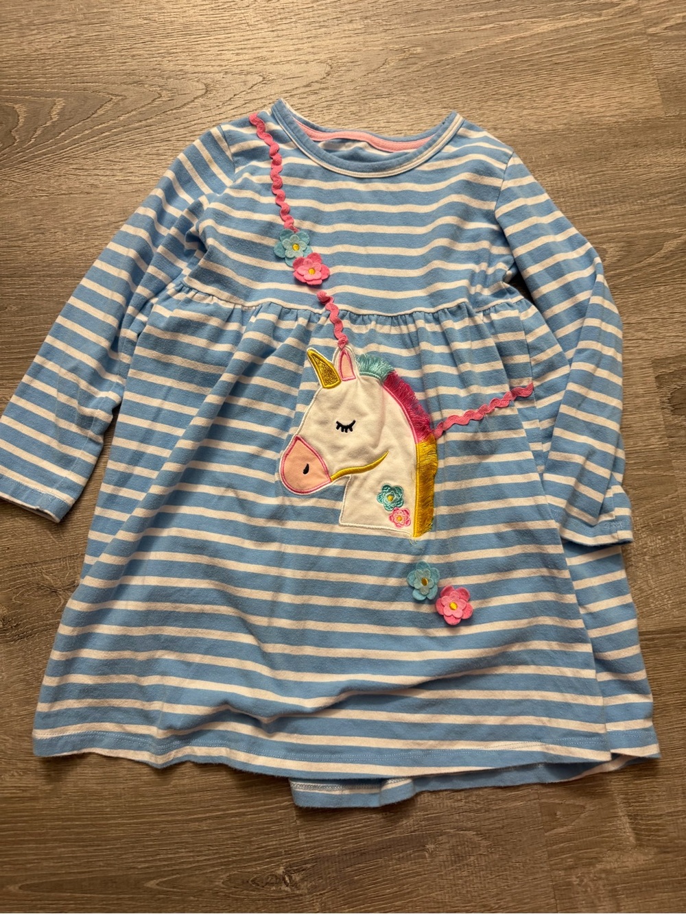 Blue & White Striped Unicorn Appliqué Kids Dress